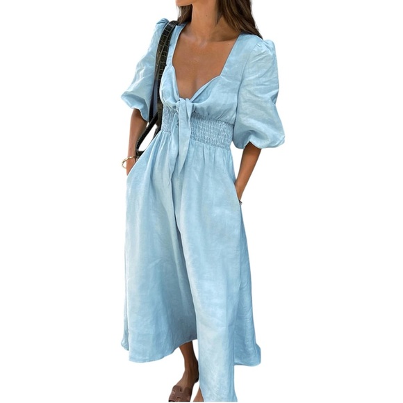 Commense Blue Linen Cotton Tie Front Midi Dress Medium Puff Sleeve NWT - Picture 1 of 10